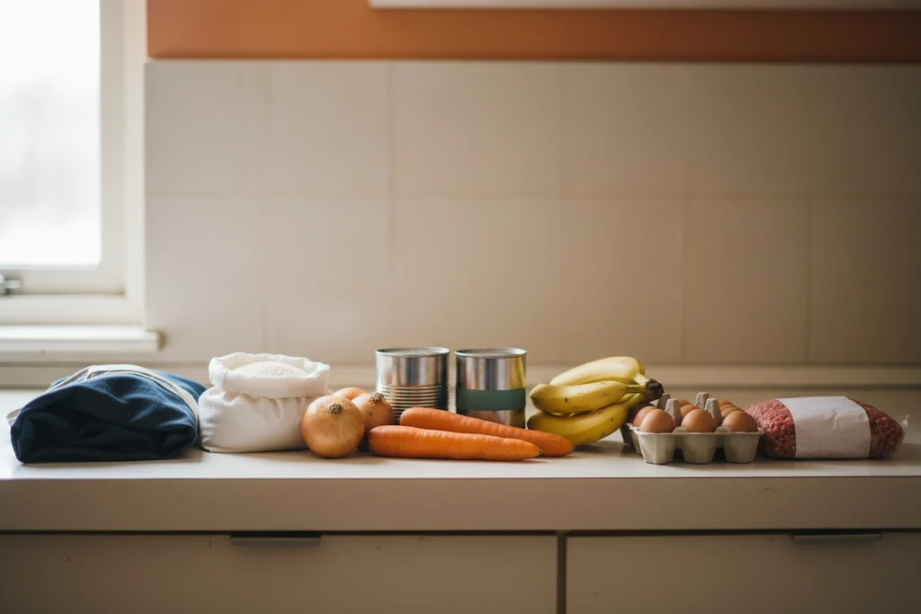 A modest week's groceries laid out in a single row on a pale kitchen counter: a bag of rice, tins, onions, carrots, bananas, eggs and a packet of mince