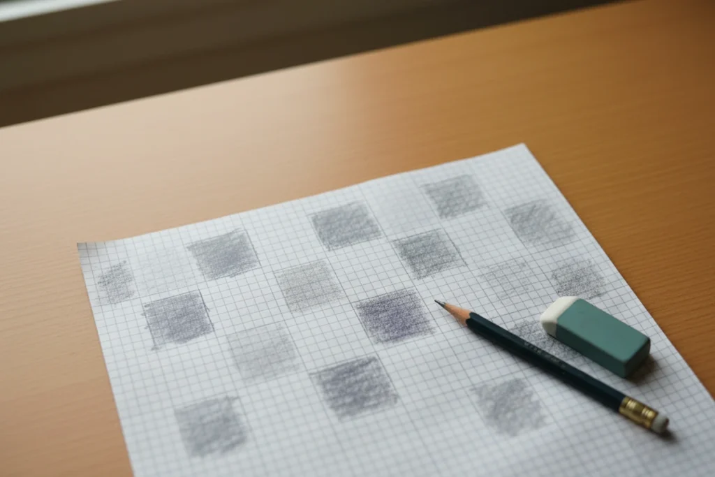 A page of squared paper with a hand-drawn grid, some squares filled in with pencil and several left blank, beside a short pencil