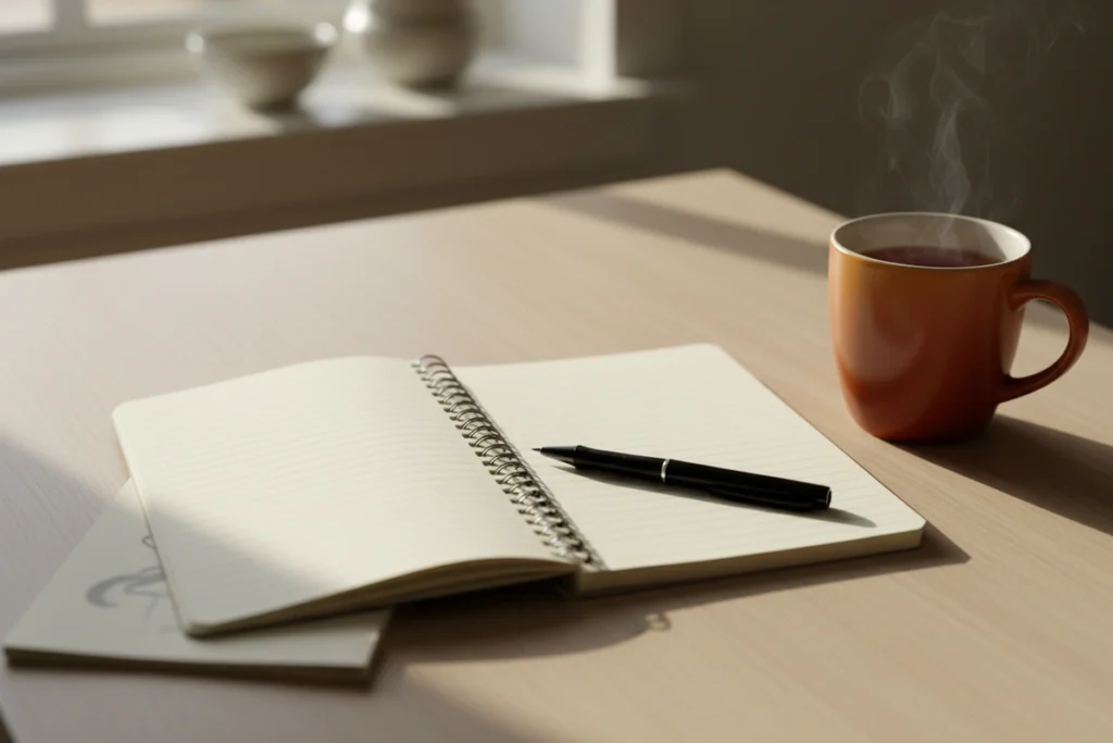 An open notebook with blank ruled pages on a kitchen table in morning light, a pen resting in the gutter and a mug of tea beside it