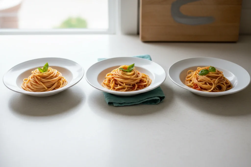 Three identical white dinner plates in a row on a pale kitchen counter, each holding the same simple portion of pasta, photographed straight on
