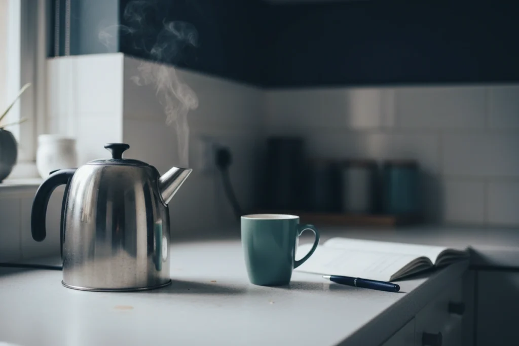 A kettle steaming beside a single mug and an open notebook on a kitchen worktop in early grey morning light