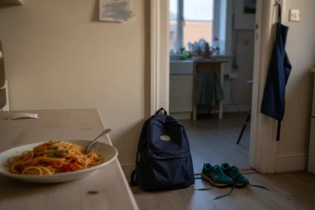 A school backpack propped against a kitchen doorway in early-evening light with a plate of quick pasta on the counter in the foreground and trainers on the floor behind