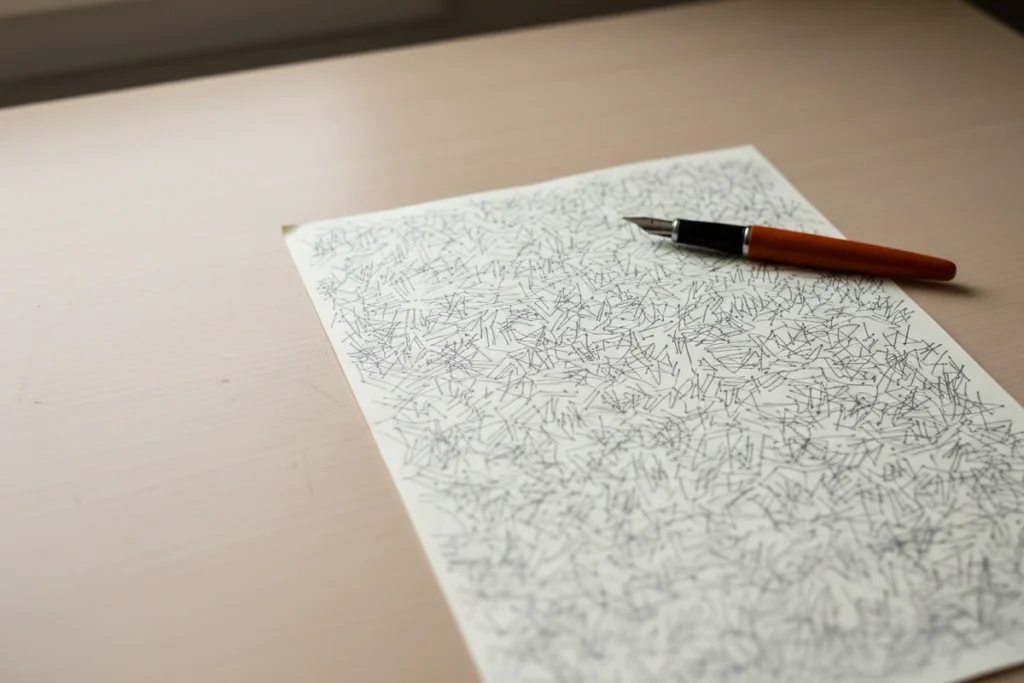 A page of unruled paper covered in short handwritten lines at different angles, with a pen lying across one corner