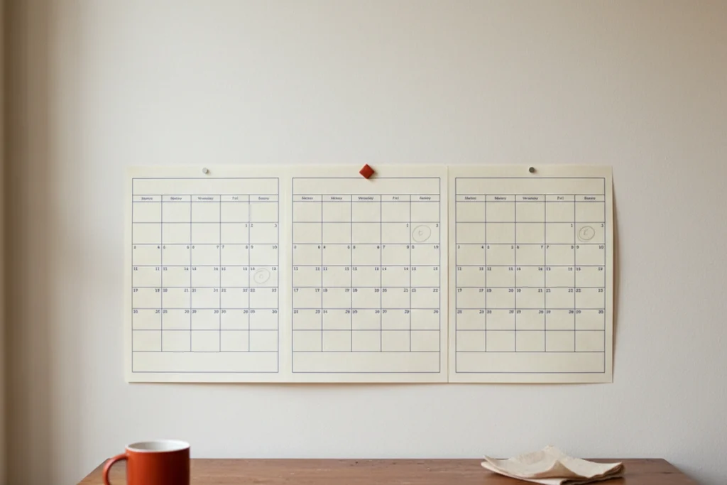A wall calendar showing three months, with a few dates circled in pencil and most squares left blank, on a plain painted wall