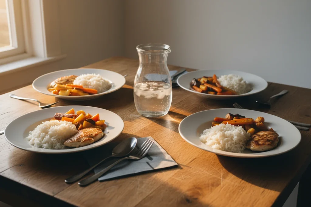 Four simple white plates set around a plain wooden kitchen table in warm early-evening light, each with rice, vegetables and a small portion of meat