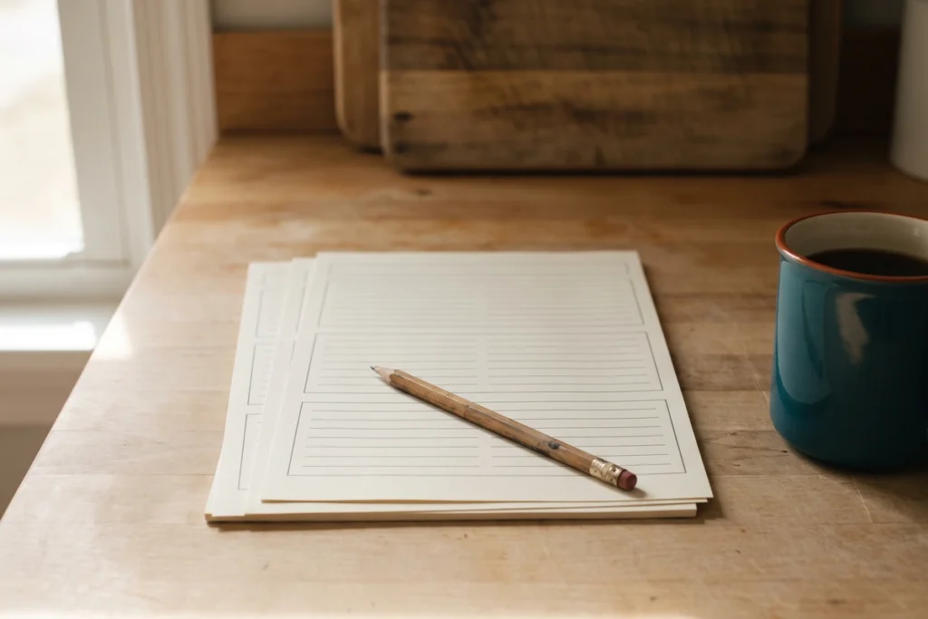 A printed form with ruled lines and wide empty gaps lying on a wooden counter beside a pencil and a teal mug