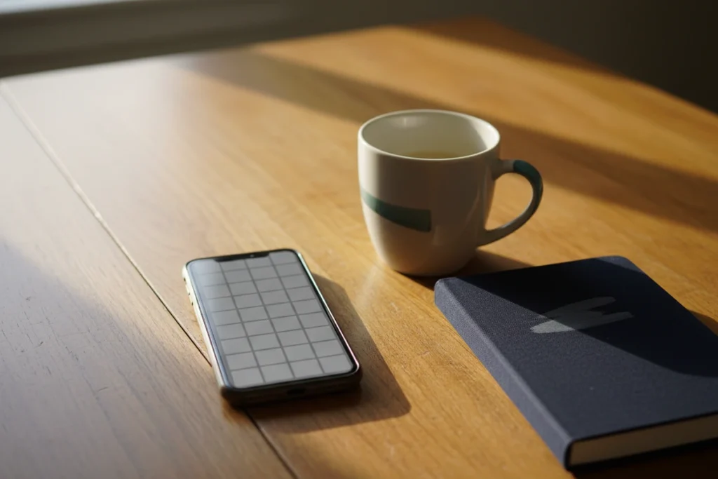 A phone lying face up on a wooden table showing a blank grid of empty photo tiles, beside a mug and a notebook in daylight