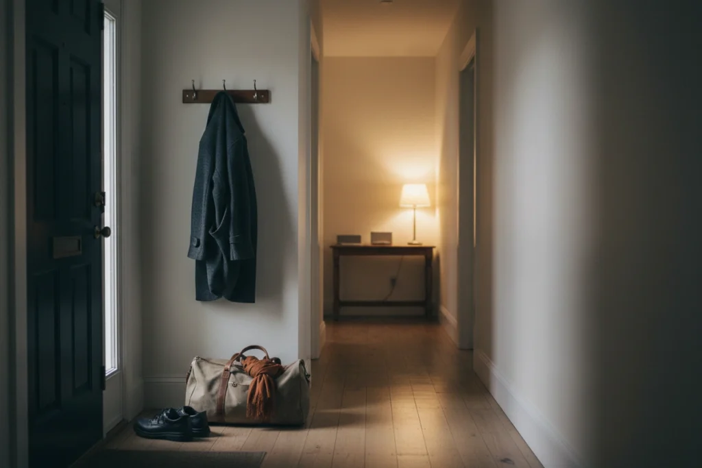 A hallway at night with a bag packed by the door, shoes lined up beside it and a coat on a hook, lit by a single warm lamp