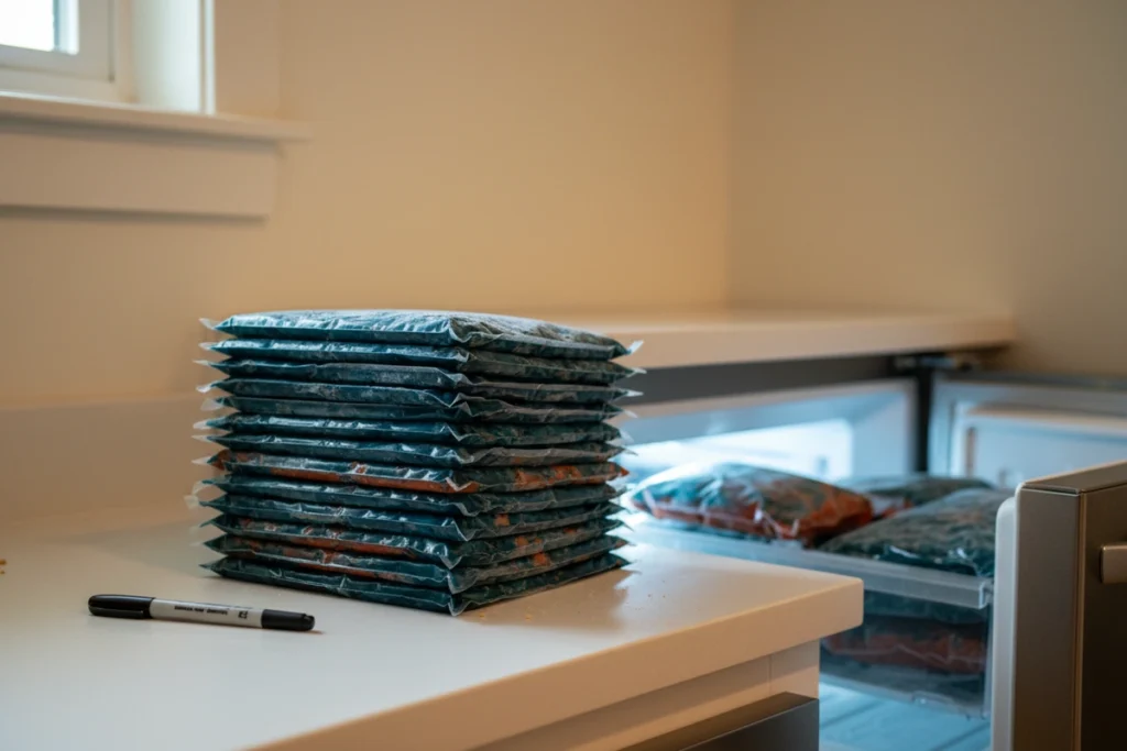A stack of flat-frozen meal bags on a pale kitchen counter beside an open freezer drawer, each bag laid flat and stacked like files, with a marker pen alongside