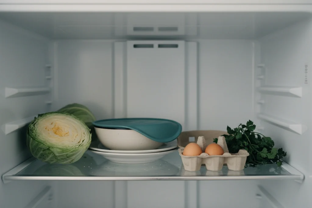 An open refrigerator shelf photographed straight on, holding half a cabbage, a bowl under a teal lid, two eggs left in a six-egg box and a bunch of herbs going soft