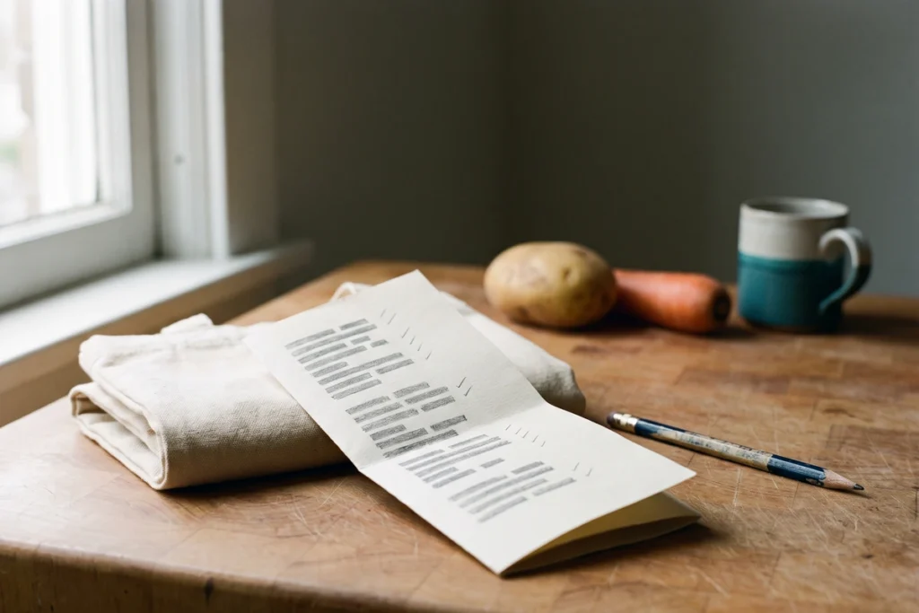 A folded paper shopping list resting on a canvas bag on a wooden counter, with a pencil, a potato and a carrot beside it