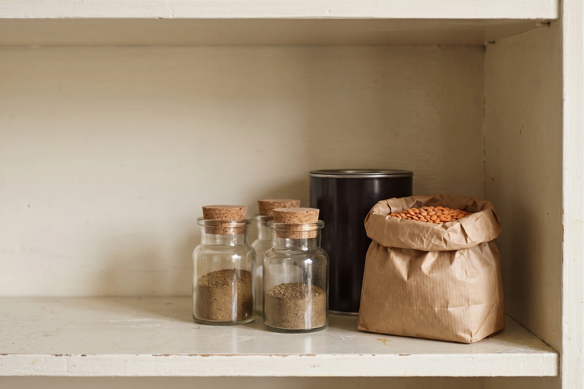 Three near-identical spice jars standing together on a cupboard shelf beside a part-used paper bag of dried pulses and a tin