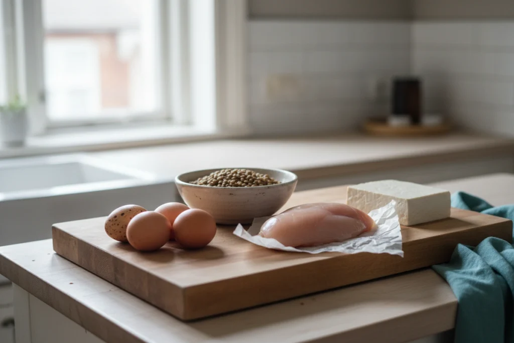 A wooden board on a kitchen counter holding four eggs, a bowl of cooked lentils, a piece of raw chicken breast on greaseproof paper and a block of firm tofu