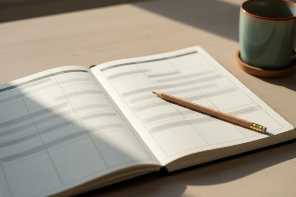 A weekly paper planner spread open on a desk with wide blocks shaded in pencil rather than hour-by-hour lines, beside a pencil and a mug