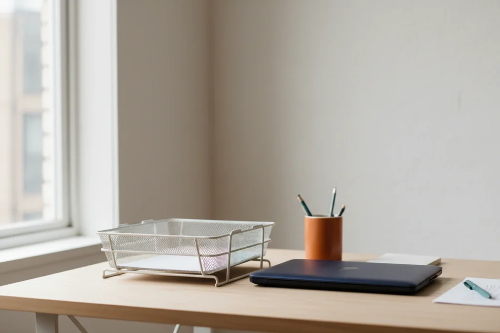 A laptop closed on a desk beside an empty in-tray, a pen and a cup, in plain daylight from a window