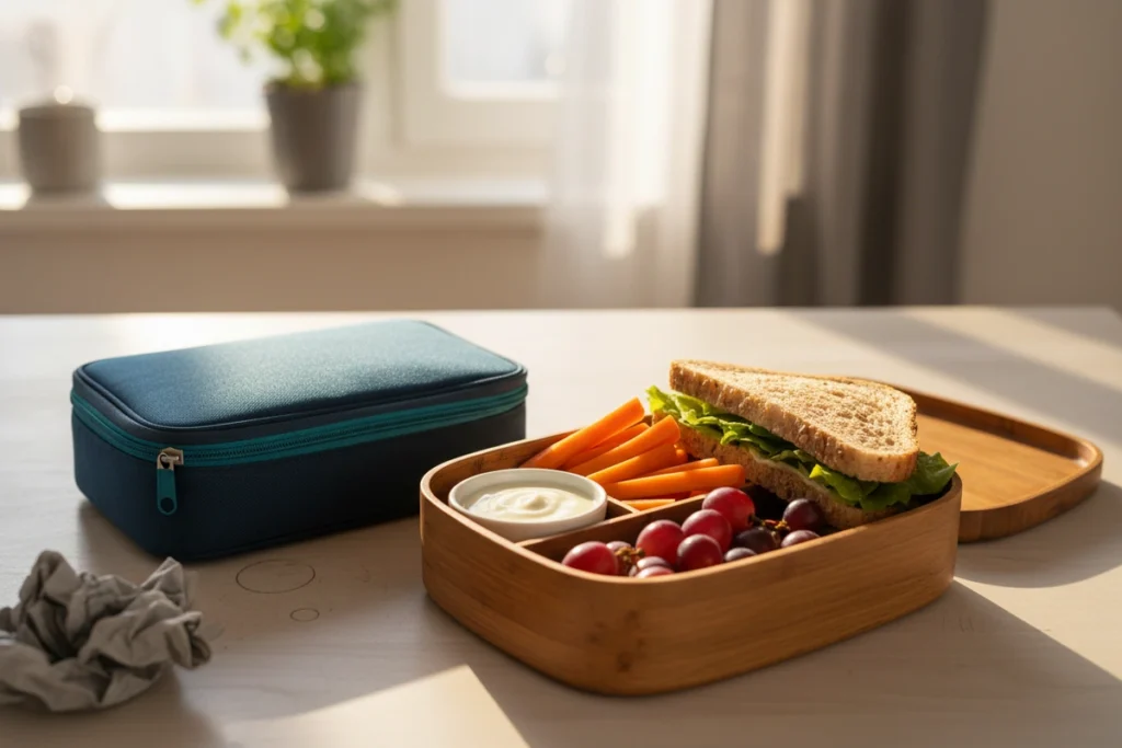 An open compartment lunchbox on a kitchen counter in early morning light, filled with a sandwich cut in half, carrot sticks, a small pot of yoghurt and grapes