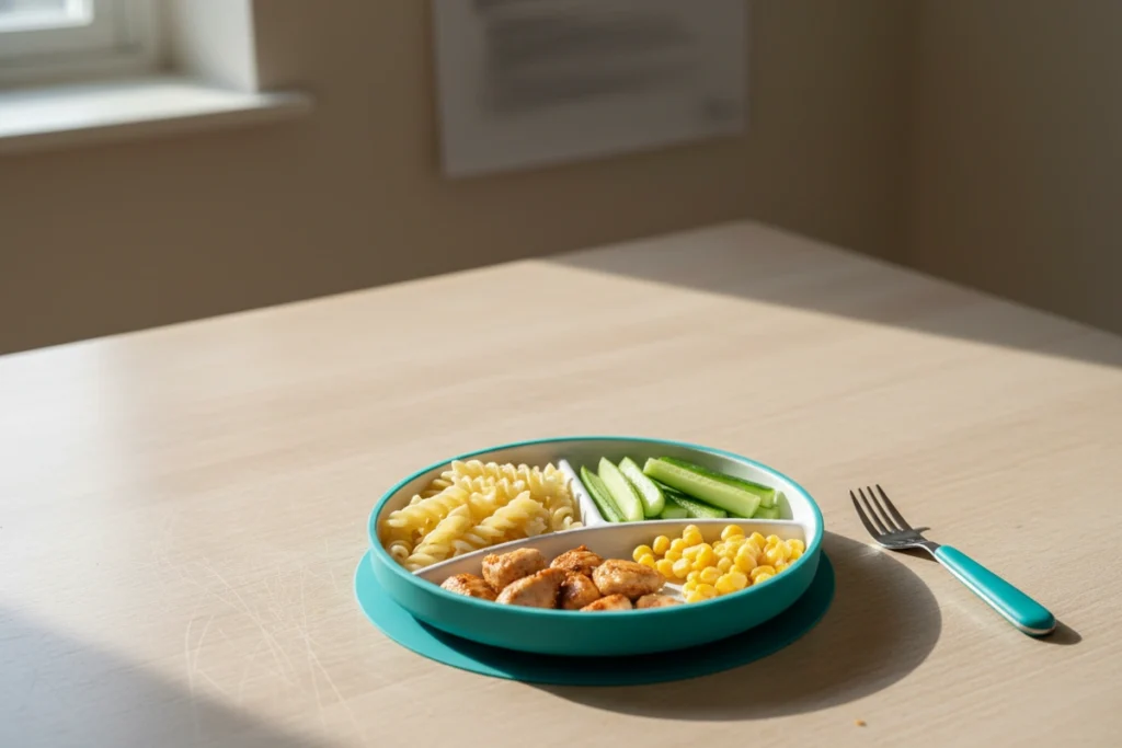 A child's divided plate on a kitchen table in soft daylight, its sections holding plain pasta, pieces of chicken, cucumber batons and sweetcorn, none touching