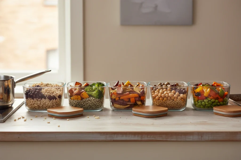 Six glass food containers in a row on a kitchen counter filled with cooked grains, roasted vegetables and pulses, lids resting beside them in afternoon light