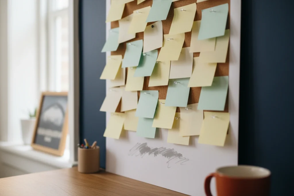 A cork noticeboard densely covered with overlapping blank sticky notes in pale yellow, mint and white, beside a window in daylight