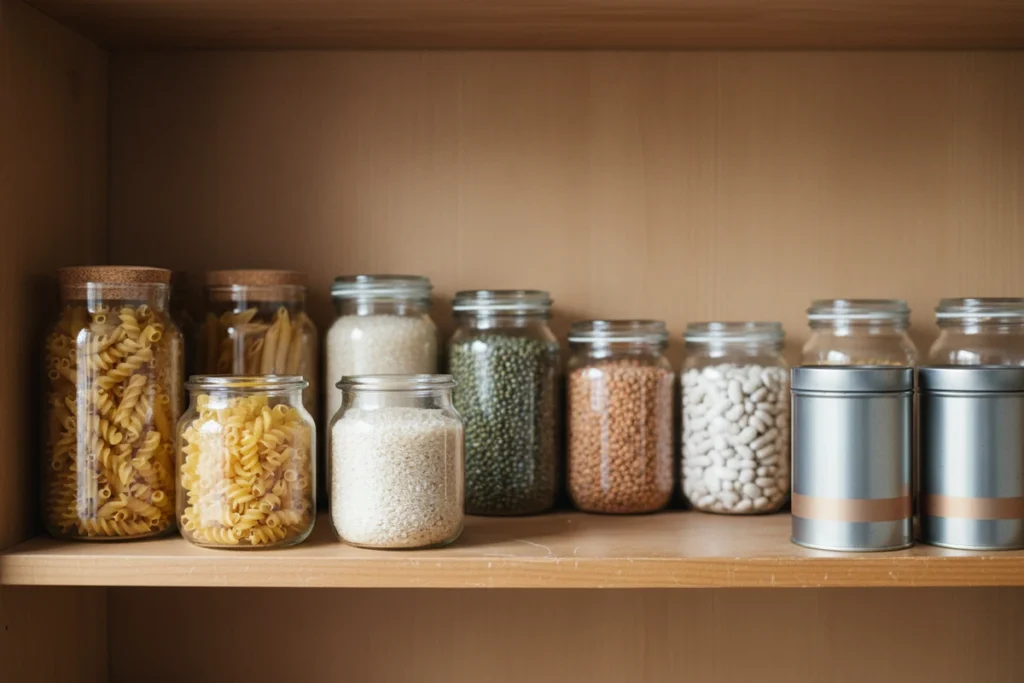 An open pantry shelf of tins, jars and dry goods in daylight, several tins pulled forward to the shelf edge as though counted, leaving gaps behind them