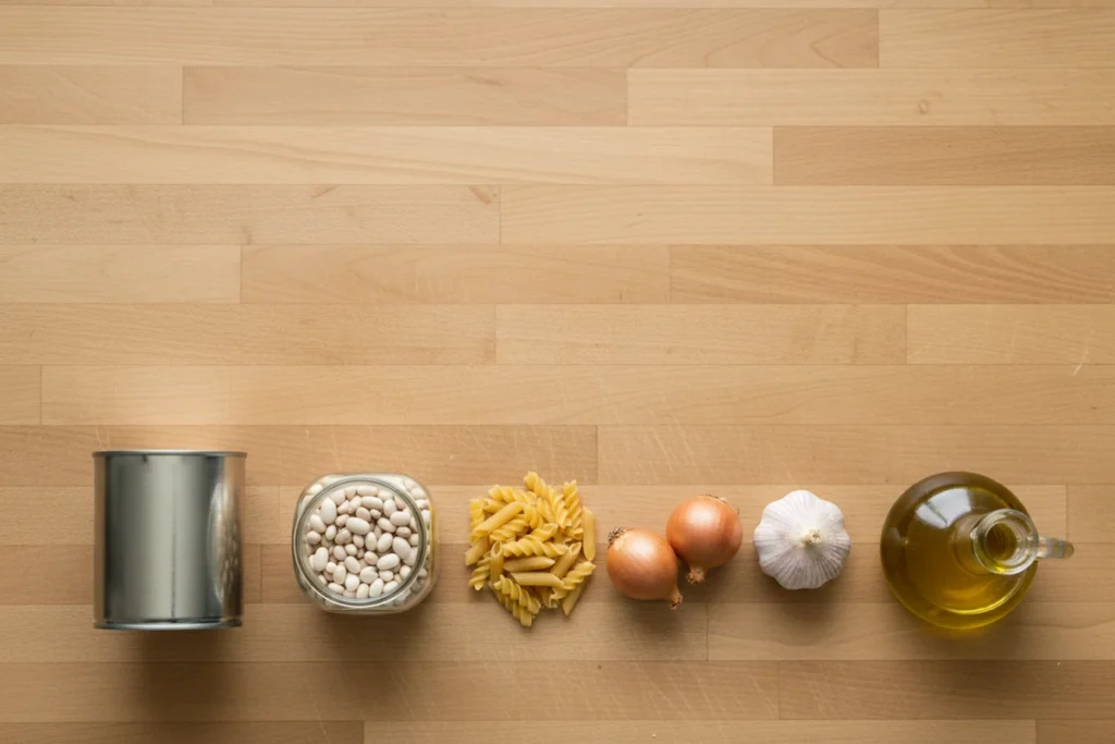 An overhead row of pantry staples on a pale wooden counter: a plain tin, a jar of dried white beans, a heap of dried pasta, two onions, a head of garlic and a bottle of olive oil