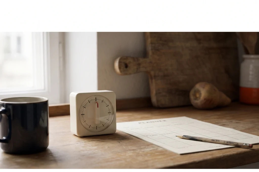 A kitchen timer on a wooden counter beside a printed planner sheet and a pencil, in morning light from a window
