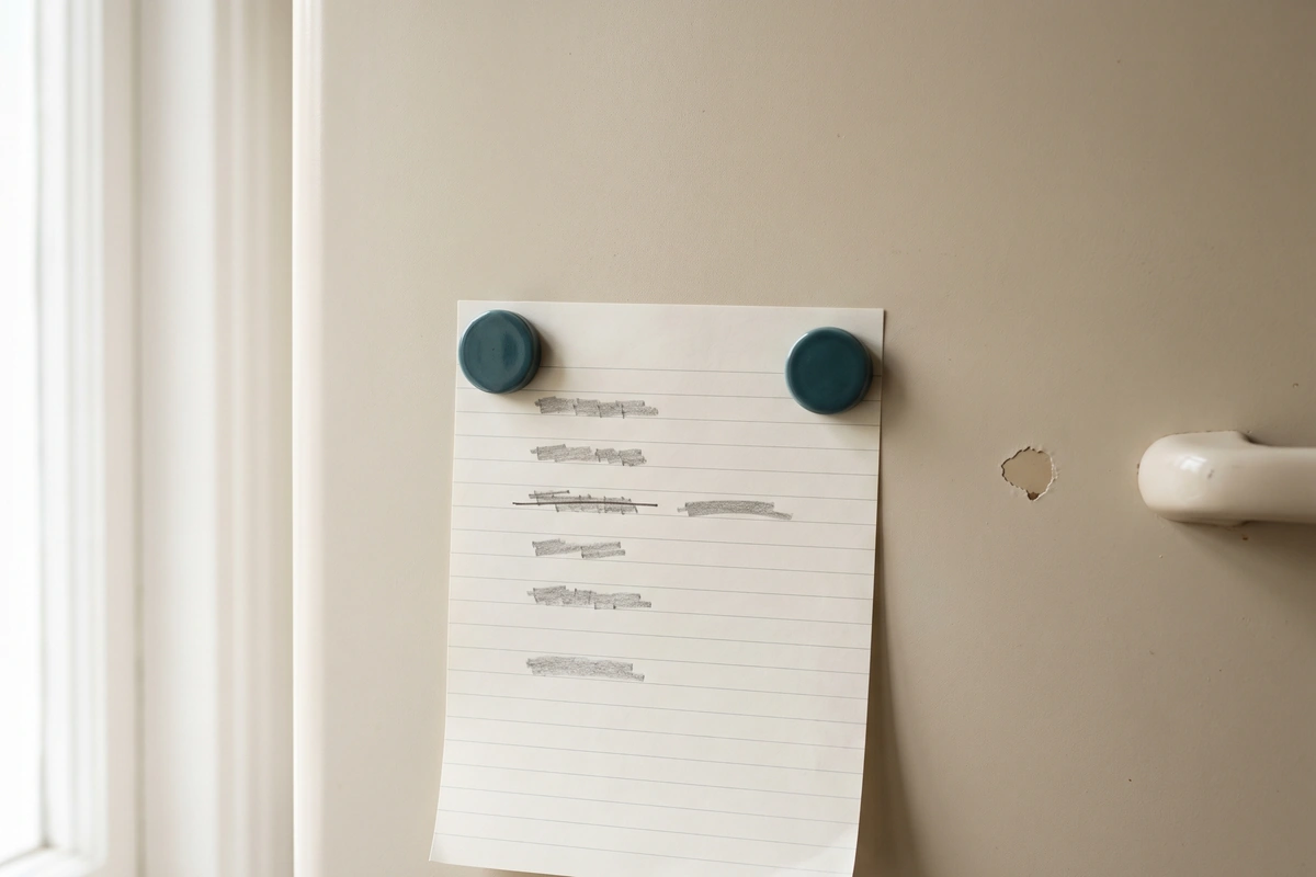 A handwritten list of seven short lines held to a fridge door by two magnets, with one line crossed out and rewritten beside it