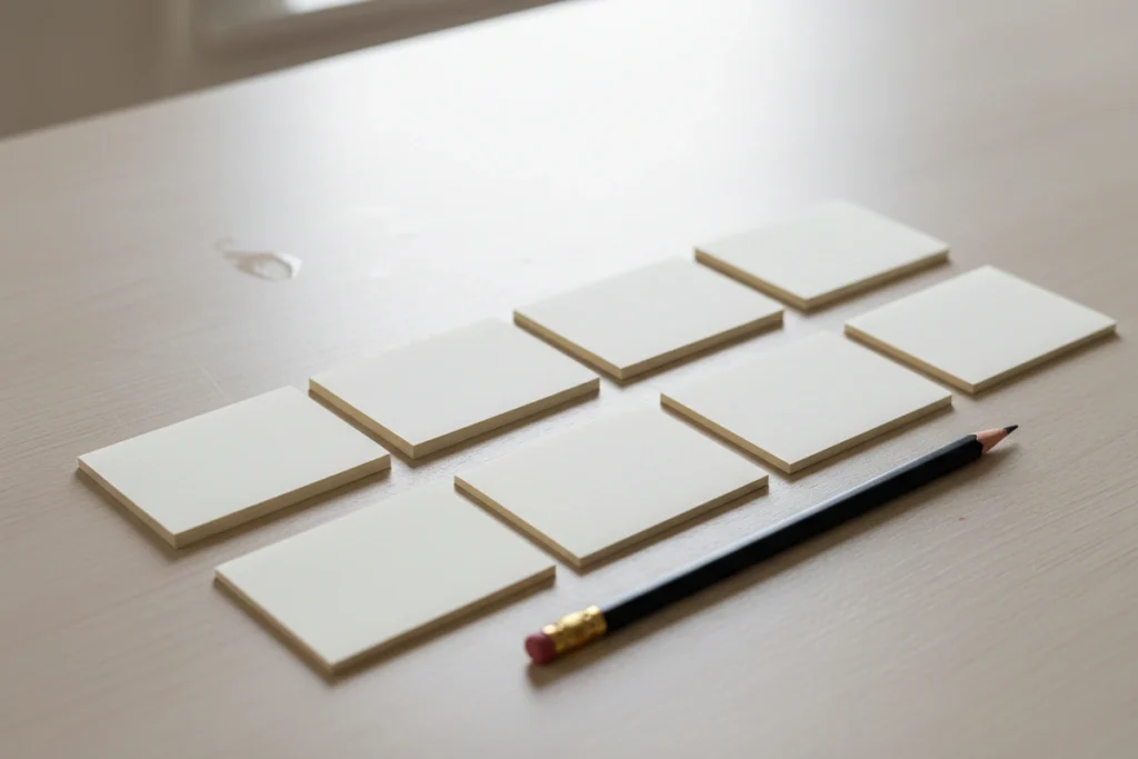 Two rows of blank index cards laid out on a pale wooden kitchen counter, seven per row, with one card in the second row turned slightly out of line