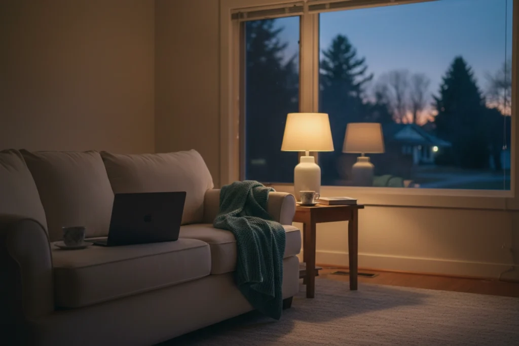 A living room in low late-afternoon light with a closed laptop on a side table, a blanket over the arm of a sofa and a window showing dusk