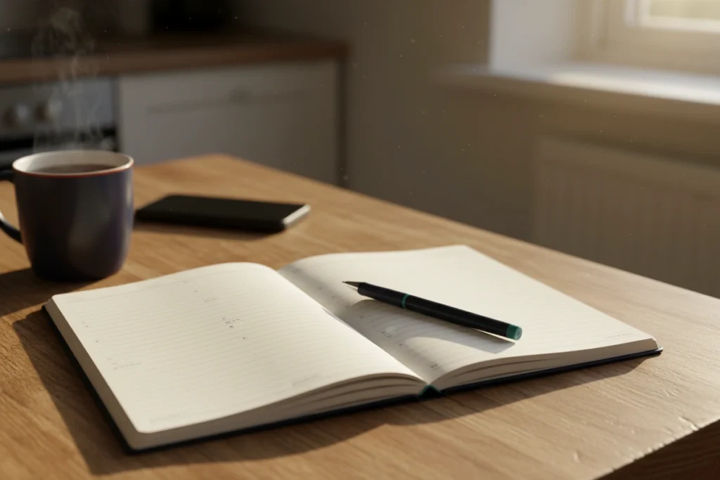 An open paper planner, a pen and a mug of tea on a kitchen table in late Sunday afternoon light, with a phone face down beside them