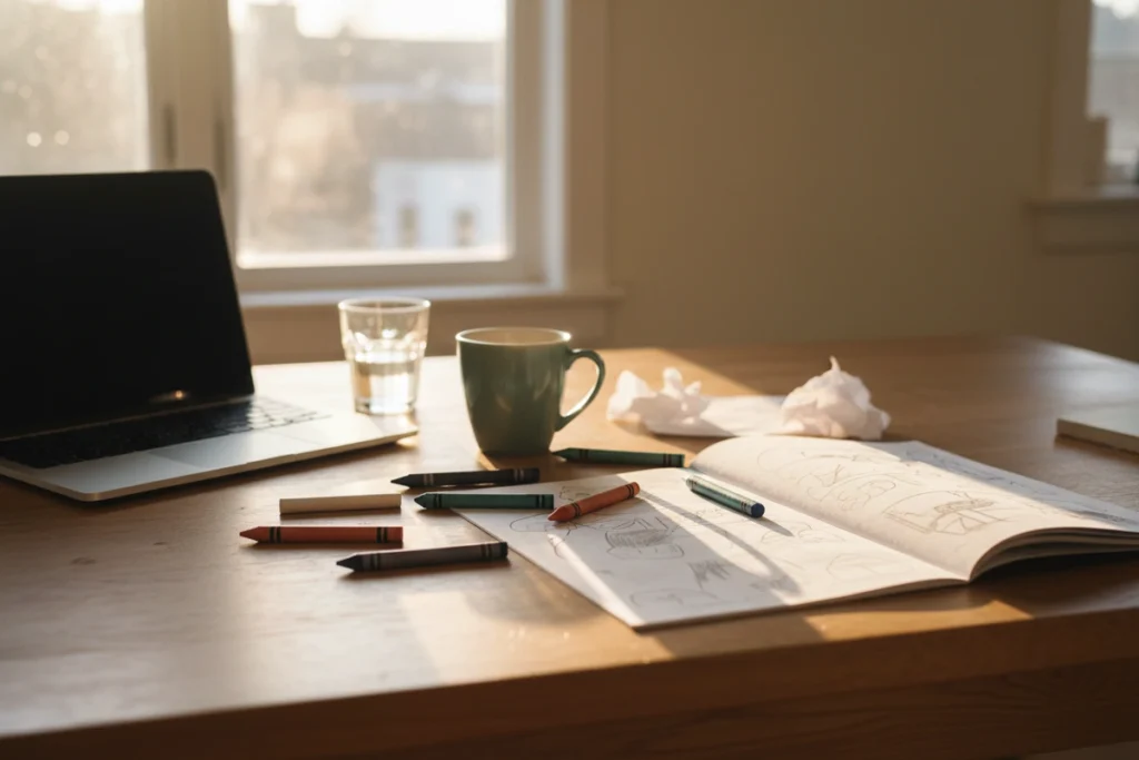 A kitchen table with an open laptop pushed to one side, a child's colouring book and crayons spread across the other half, in afternoon light