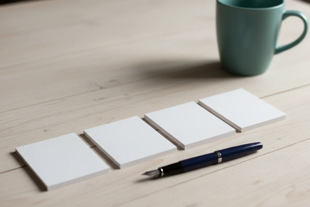 Four blank white index cards laid in a row on a pale wooden desk, a fountain pen resting below them and a green mug further back
