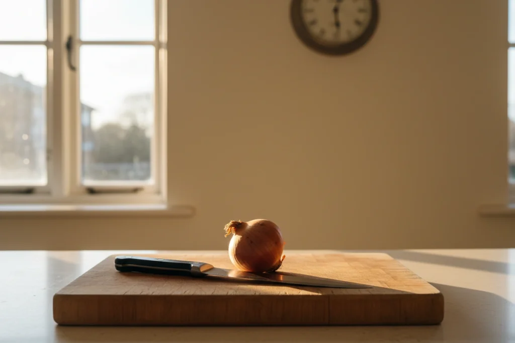 A single onion and a chef's knife on a wooden chopping board on an otherwise empty kitchen counter in the warm low light of late afternoon