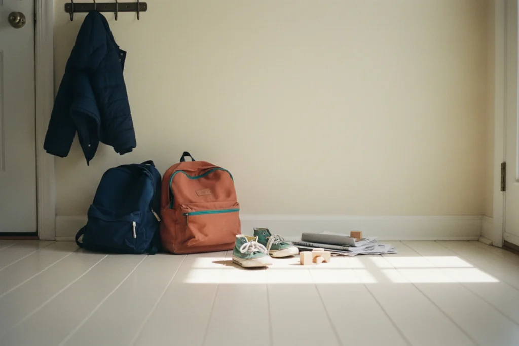 Two school bags and a pair of small shoes by a front door in morning light, with a coat half off its hook above them